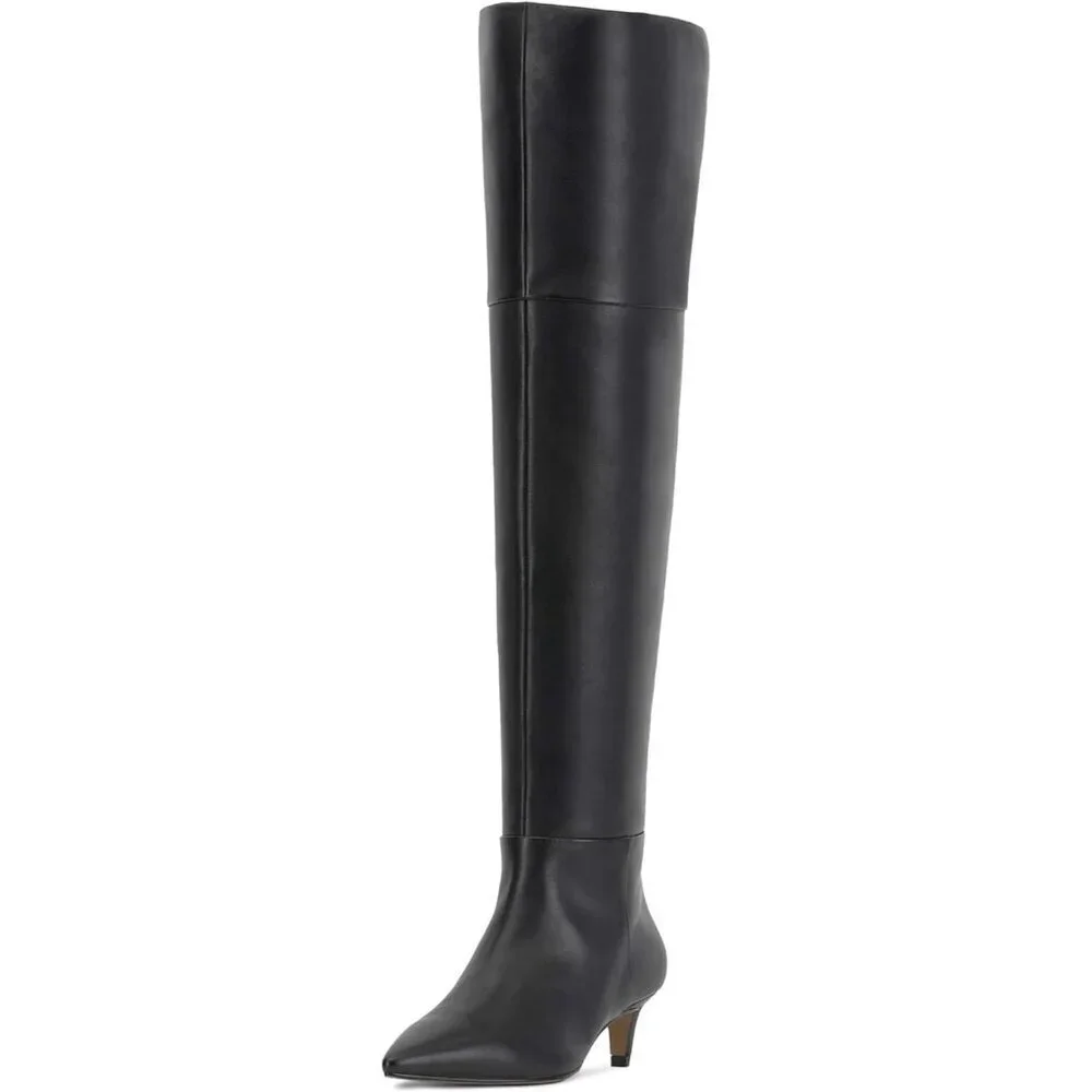 Women Black Pu Thigh High Pointed Toe Kitten Heel Over the Knee Long Boot